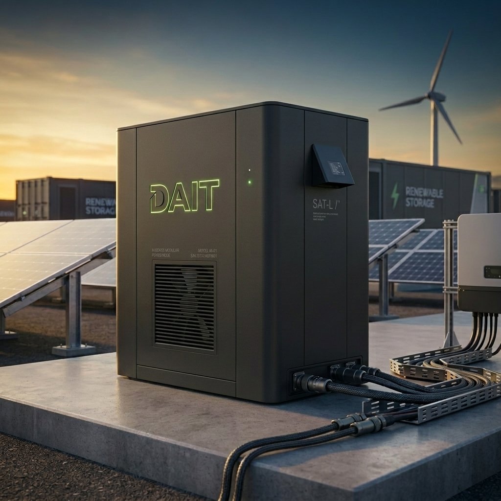 DAIT outdoor compute cabinet concept with battery and solar infrastructure